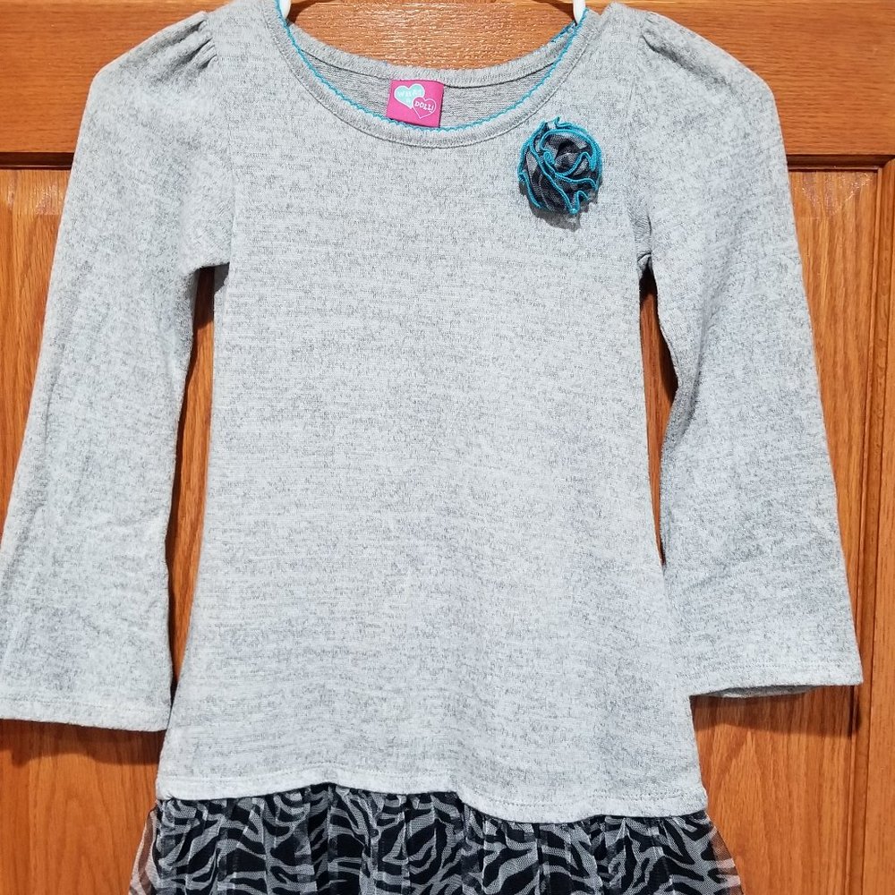 WHAT A DOLL Girl's M 7-8 Gray & Aqua Lined Zebra Print Tulle Skirt Dress